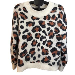 Sweet Lovely by Jen Leopard Print Sweater, Size 1XL/2XL, Soft Fuzzy, Crew Neck